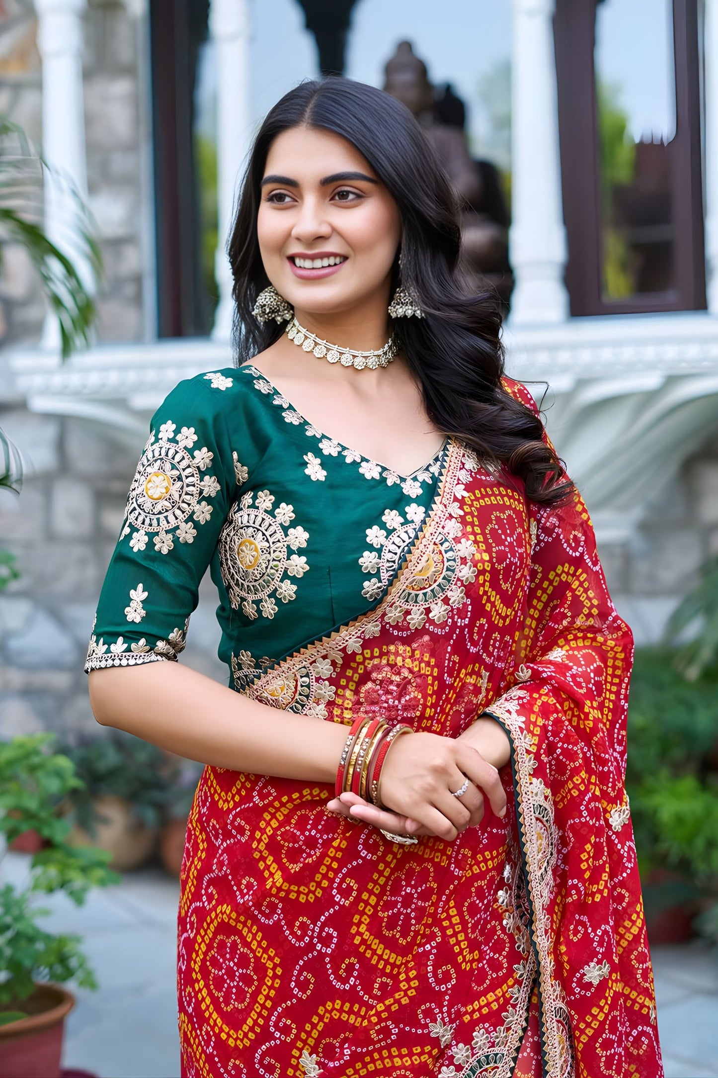 Red Bandhani Print Chiffon Saree with Embroidered Lace Border