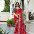 Red Bandhani Print Chiffon Saree with Heavy Embroidered Border 