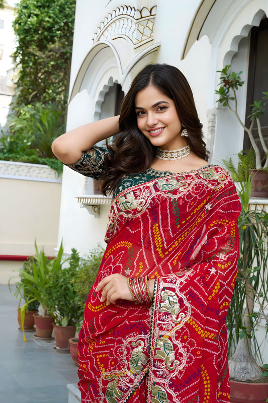 Red Bandhani Print Chiffon Saree with Heavy Embroidered Border