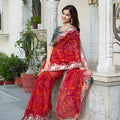 Red Bandhani Print Chiffon Saree with Heavy Embroidered Border