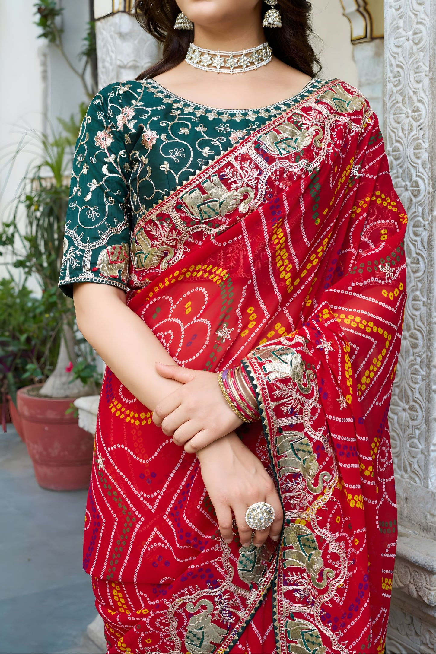 Red Bandhani Print Chiffon Saree with Heavy Embroidered Border