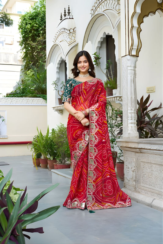 Red Bandhani Print Chiffon Saree with Heavy Embroidered Border 