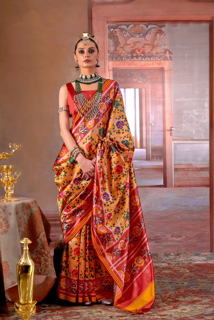 Traditional Red Mustard Patola Silk Saree Multicolor Ikat Weaving Saree 