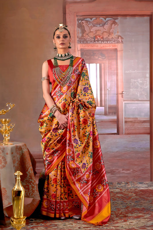 Traditional Red Mustard Patola Silk Saree Multicolor Ikat Weaving Saree 