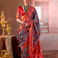 Red Teal Patola Silk Saree with Traditional Floral Ikat Festive Occasions