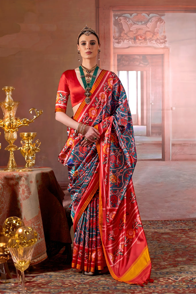 Red Teal Patola Silk Saree with Traditional Floral Ikat Festive Occasions