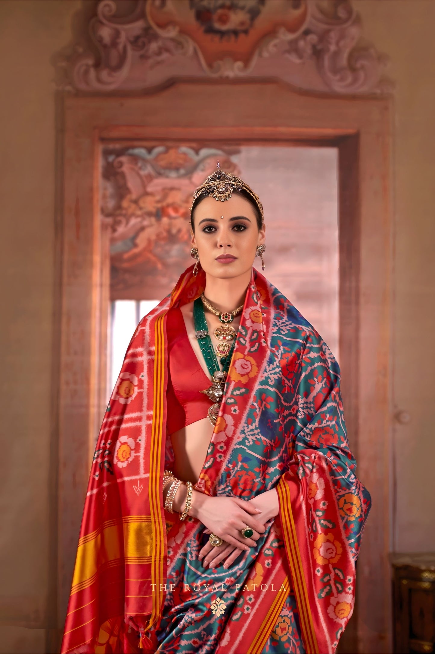 Red Teal Patola Silk Saree with Traditional Floral Ikat Festive Occasions