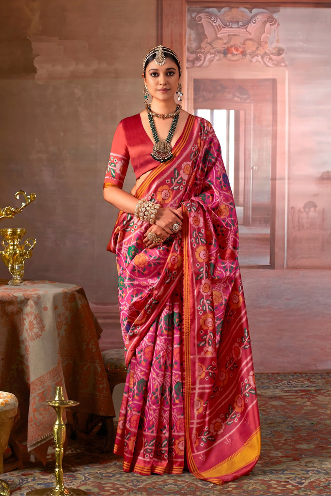 Rani Pink Patola Silk Saree Traditional Floral Ikat Weave Festive Occasions