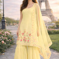 Elegant Lemon Yellow Floral Embroidered Georgette Sharara Set with Dupatta for Wedding