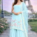 Refreshing Sky Blue Floral Embroidered Georgette Sharara Set with Dupatta for Wedding