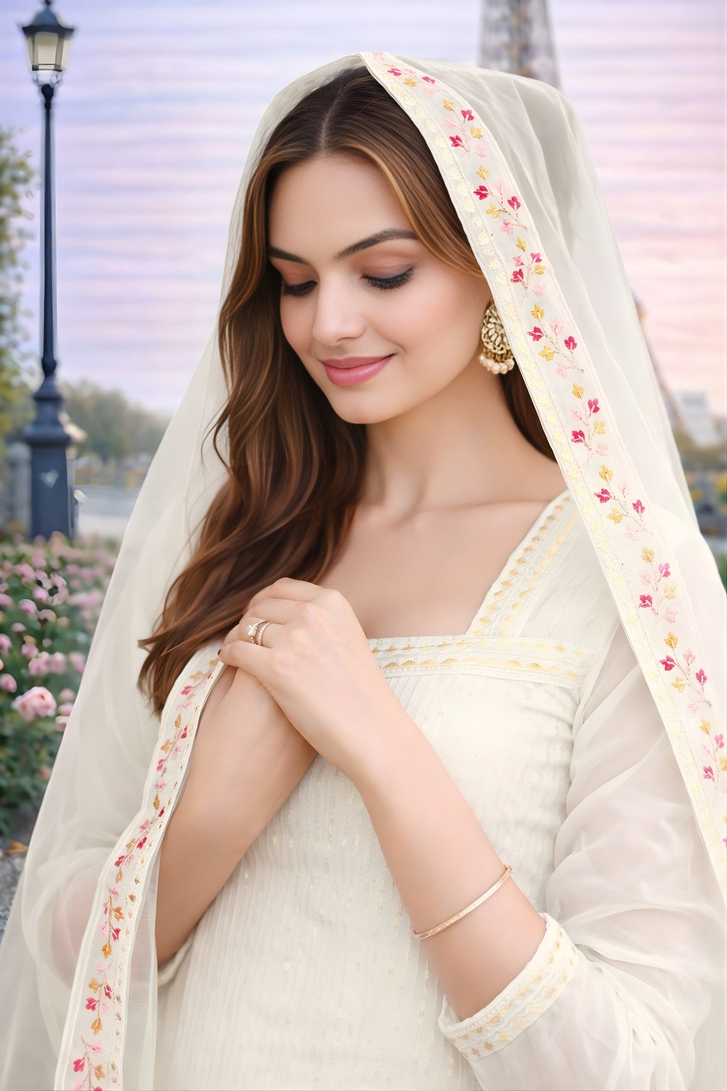 Stunning Off-Whtie Floral Embroidered Georgette Sharara Set with Dupatta for Wedding