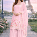 Lovely Pink Floral Embroidered Georgette Sharara Set with Dupatta for Wedding