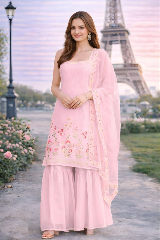 Lovely Pink Floral Embroidered Georgette Sharara Set with Dupatta for Wedding