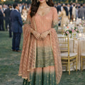 Elegant Peach and Green Embroidered Georgette Sharara Suit with Dupatta for Wedding