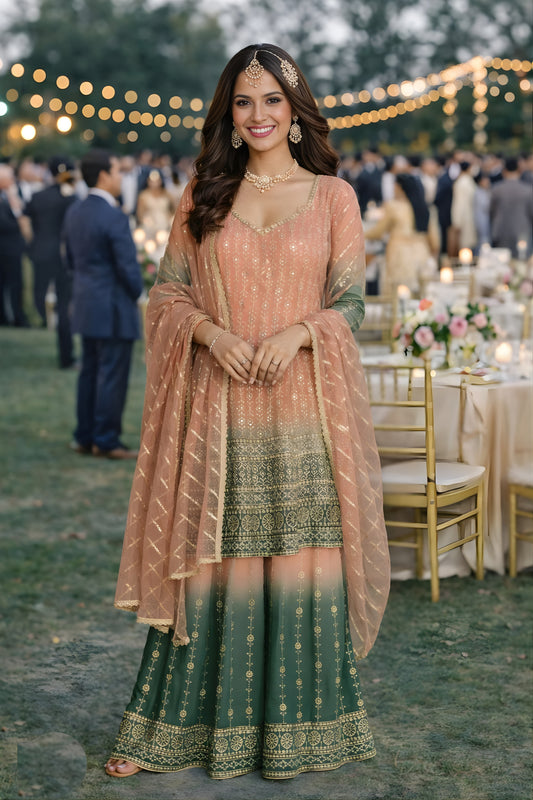Elegant Peach and Green Embroidered Georgette Sharara Suit with Dupatta for Wedding