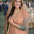 Elegant Peach and Green Embroidered Georgette Sharara Suit with Dupatta for Wedding
