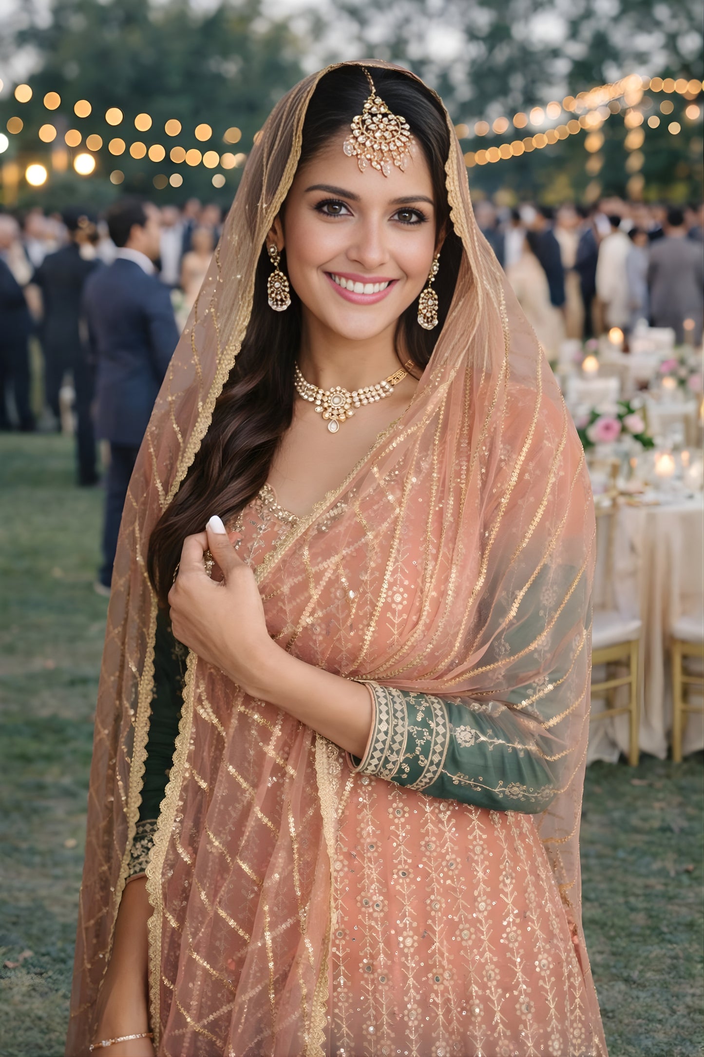 Elegant Peach and Green Embroidered Georgette Sharara Suit with Dupatta for Wedding