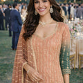 Elegant Peach and Green Embroidered Georgette Sharara Suit with Dupatta for Wedding