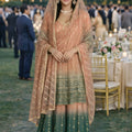 Elegant Peach and Green Embroidered Georgette Sharara Suit with Dupatta for Wedding