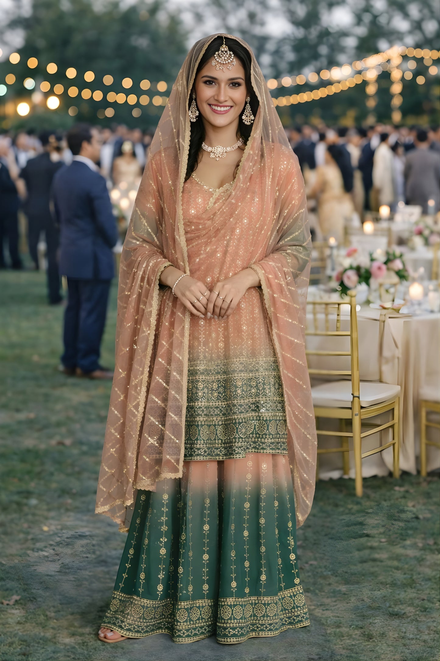 Elegant Peach and Green Embroidered Georgette Sharara Suit with Dupatta for Wedding