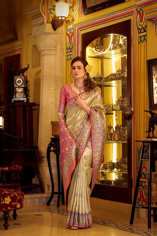 Gold Tissue Patola Silk Traditional Saree Handwoven Patola Design