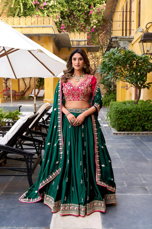 Royal Green Silk Embroidered Lehenga Choli with Pink Blouse and Dupatta for Wedding