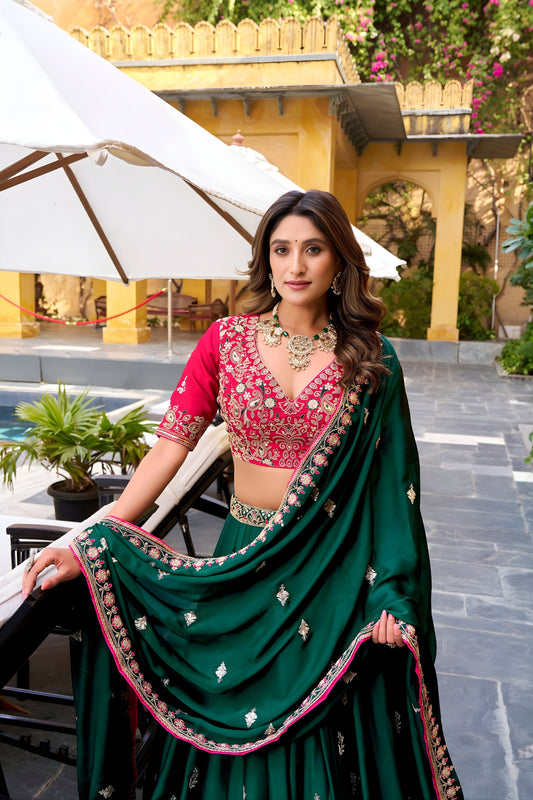 Royal Green Silk Embroidered Lehenga Choli with Pink Blouse and Dupatta for Wedding