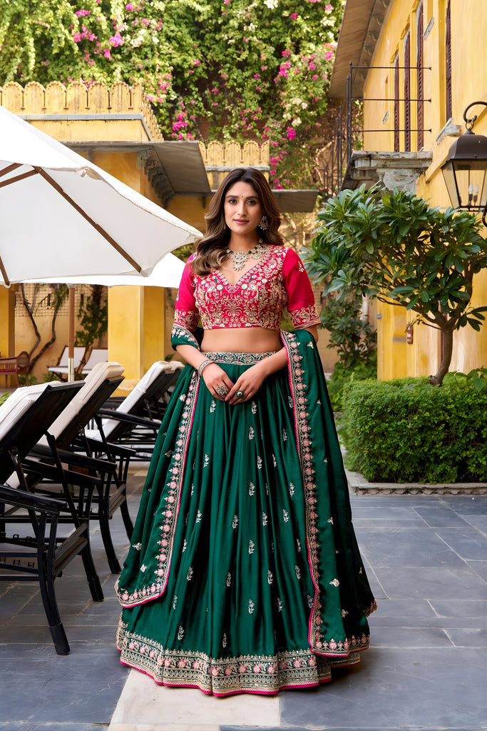 Royal Green Silk Embroidered Lehenga Choli with Pink Blouse and Dupatta for Wedding