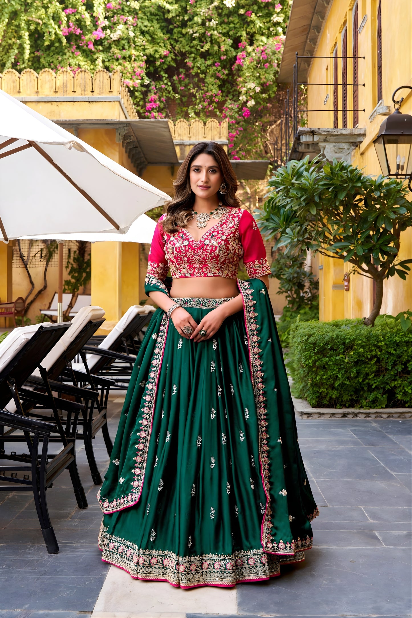 Royal Green Silk Embroidered Lehenga Choli with Pink Blouse and Dupatta for Wedding