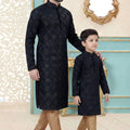 Elegant Black Dhupion Silk Father Son Matching Kurta Pyjama Set for Wedding
