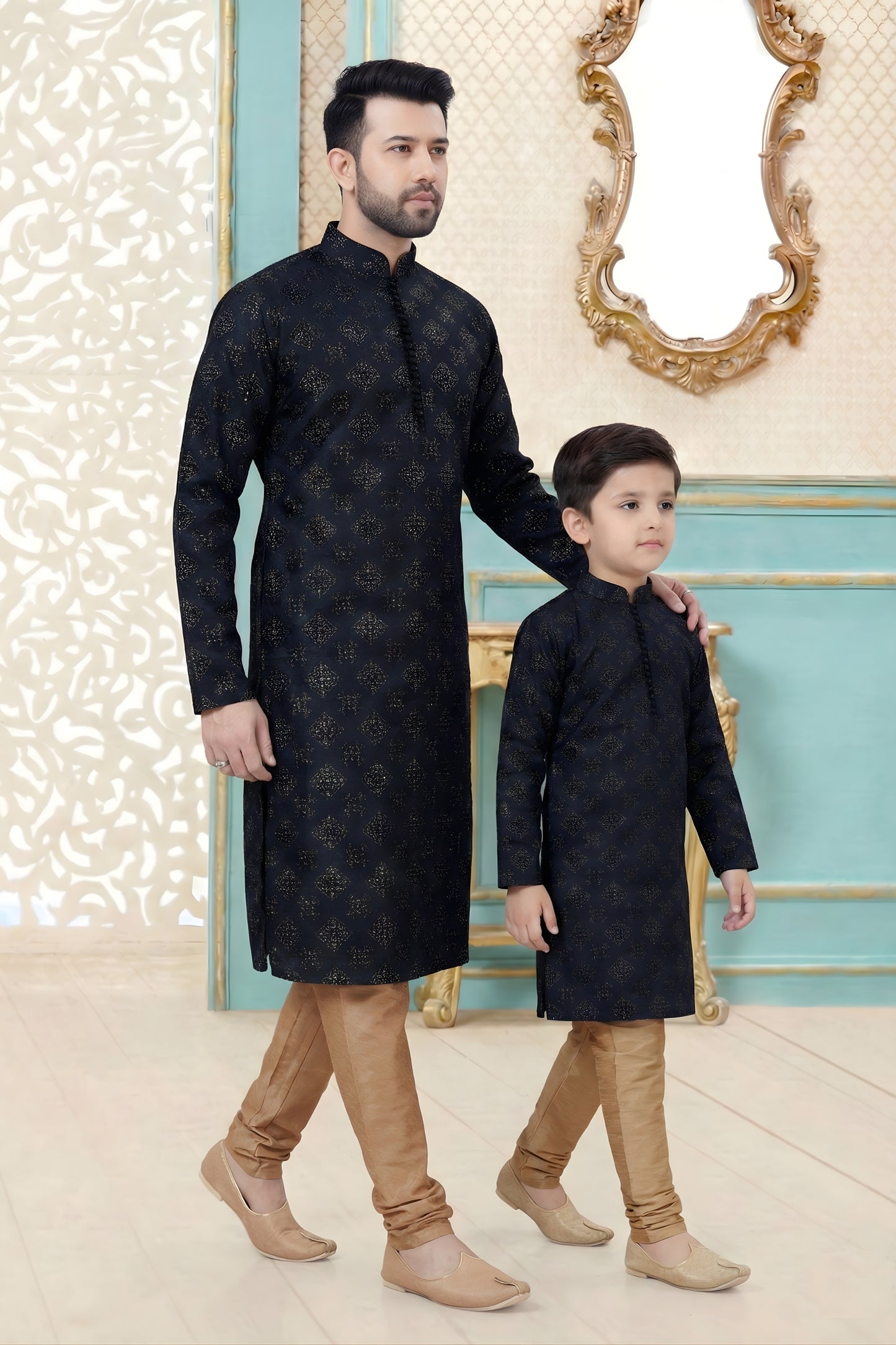 Elegant Black Dhupion Silk Father Son Matching Kurta Pyjama Set for Wedding