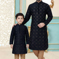 Elegant Black Dhupion Silk Father Son Matching Kurta Pyjama Set for Wedding
