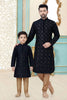 Elegant Black Dhupion Silk Father Son Matching Kurta Pyjama Set for Wedding