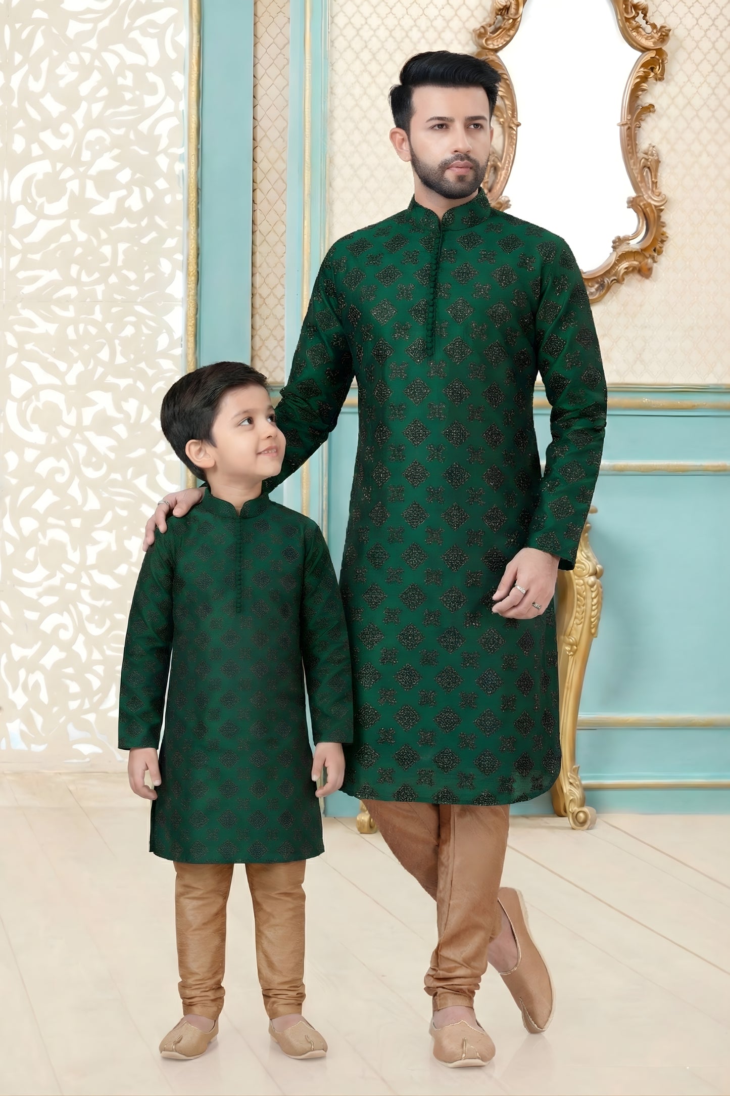 Stylish Green Dhupion Silk Father Son Matching Kurta Pyjama Set for Wedding