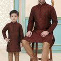 Graceful Maroon Dhupion Silk Father Son Matching Kurta Pyjama Set for Wedding