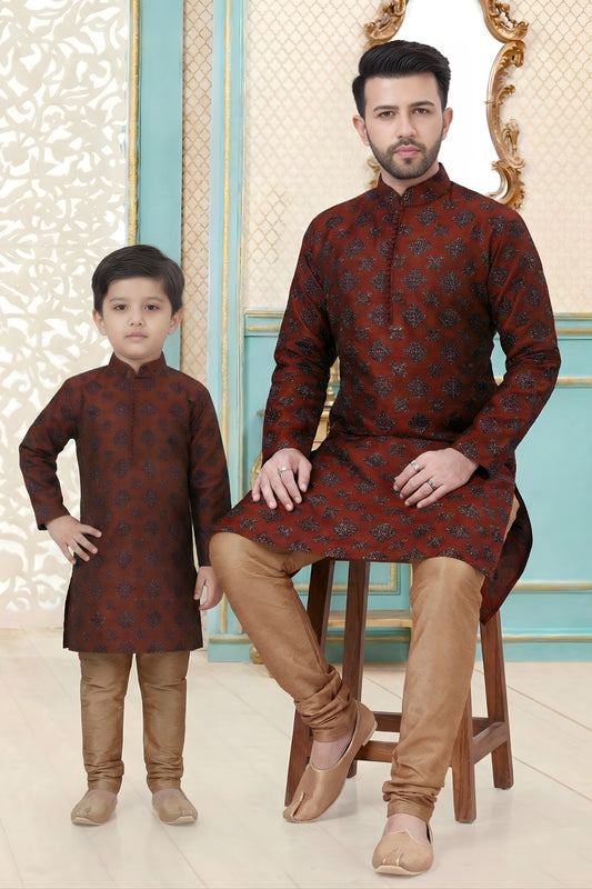 Graceful Maroon Dhupion Silk Father Son Matching Kurta Pyjama Set for Wedding