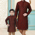 Graceful Maroon Dhupion Silk Father Son Matching Kurta Pyjama Set for Wedding