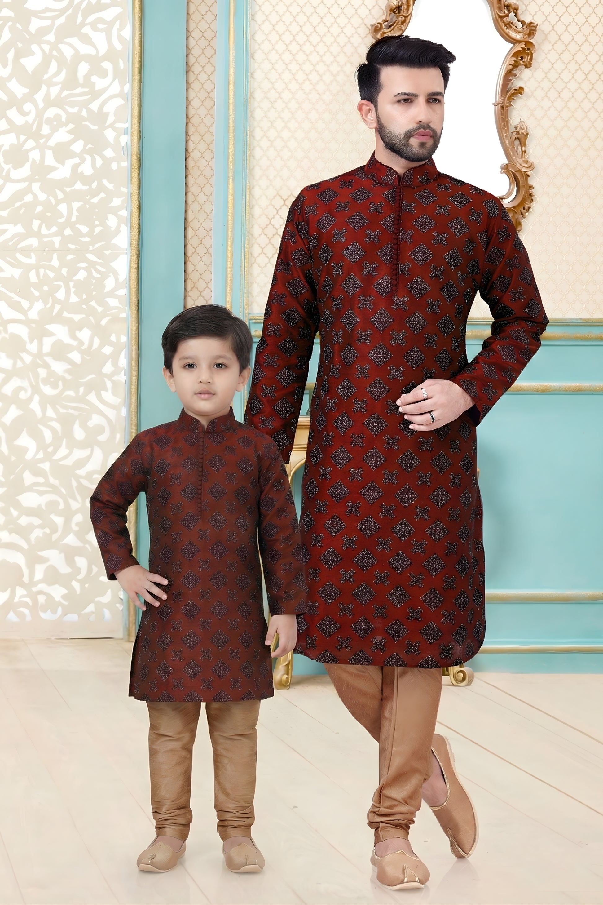 Graceful Maroon Dhupion Silk Father Son Matching Kurta Pyjama Set for Wedding