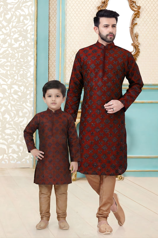 Graceful Maroon Dhupion Silk Father Son Matching Kurta Pyjama Set for Wedding