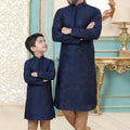 Superb Navy Blue Dhupion Silk Father Son Matching Kurta Pyjama Set for Wedding