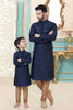 Superb Navy Blue Dhupion Silk Father Son Matching Kurta Pyjama Set for Wedding