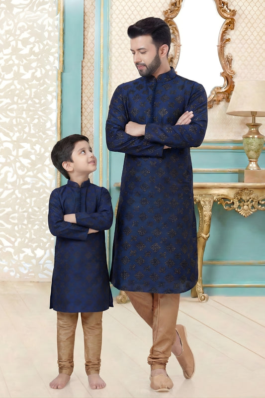 Superb Navy Blue Dhupion Silk Father Son Matching Kurta Pyjama Set for Wedding