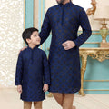 Superb Navy Blue Dhupion Silk Father Son Matching Kurta Pyjama Set for Wedding