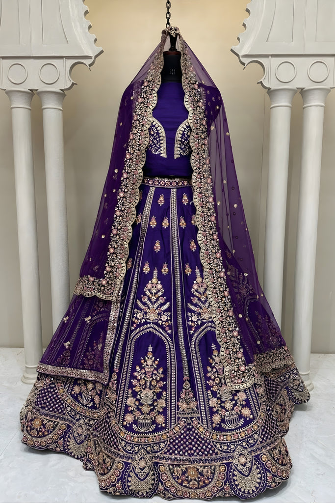 Royal Purple Embroidered Silk Bridal Lehenga Choli with Net Dupatta