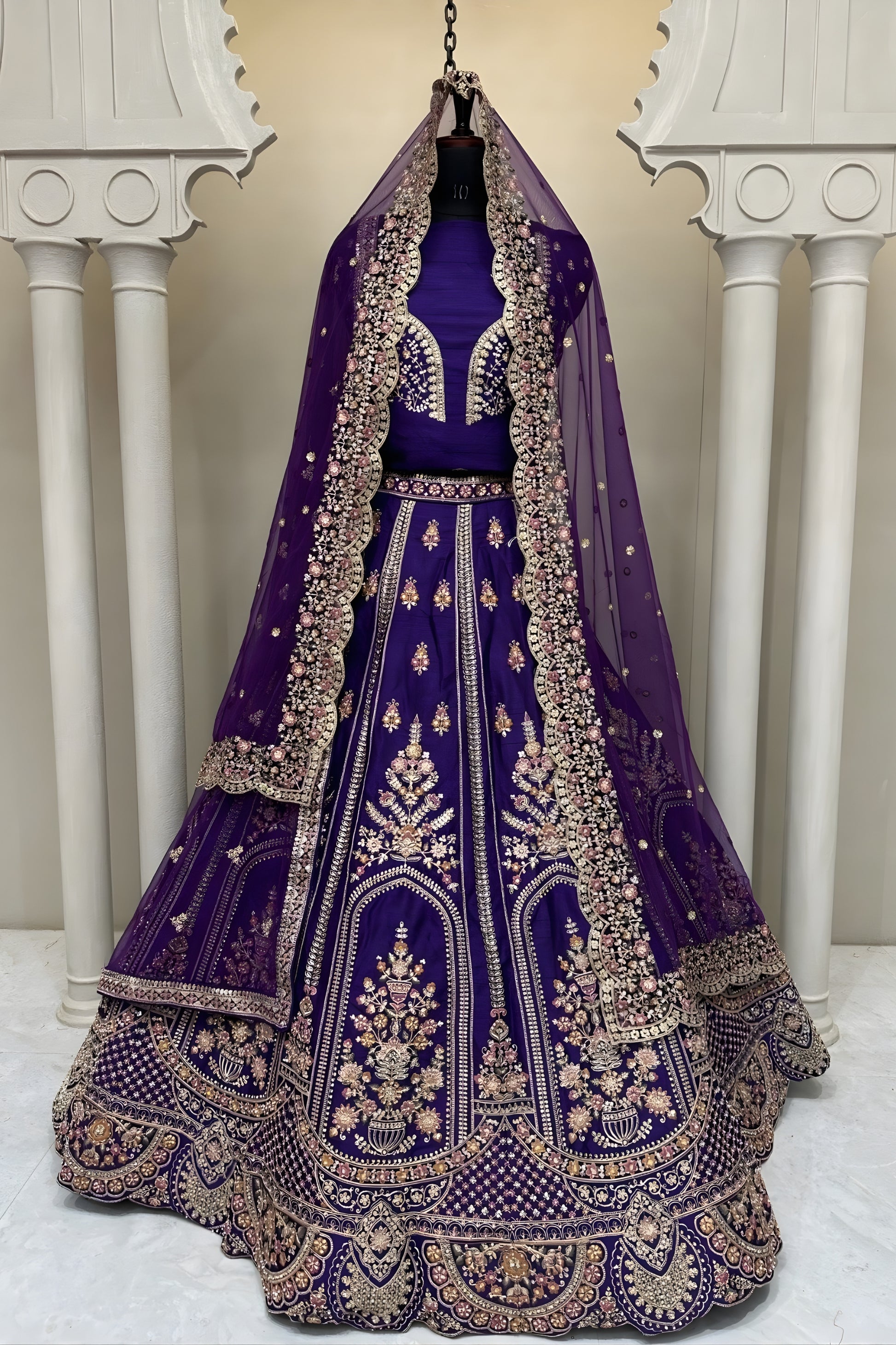 Royal Purple Embroidered Silk Bridal Lehenga Choli with Net Dupatta