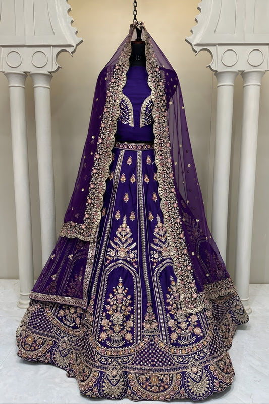 Royal Purple Embroidered Silk Bridal Lehenga Choli with Net Dupatta