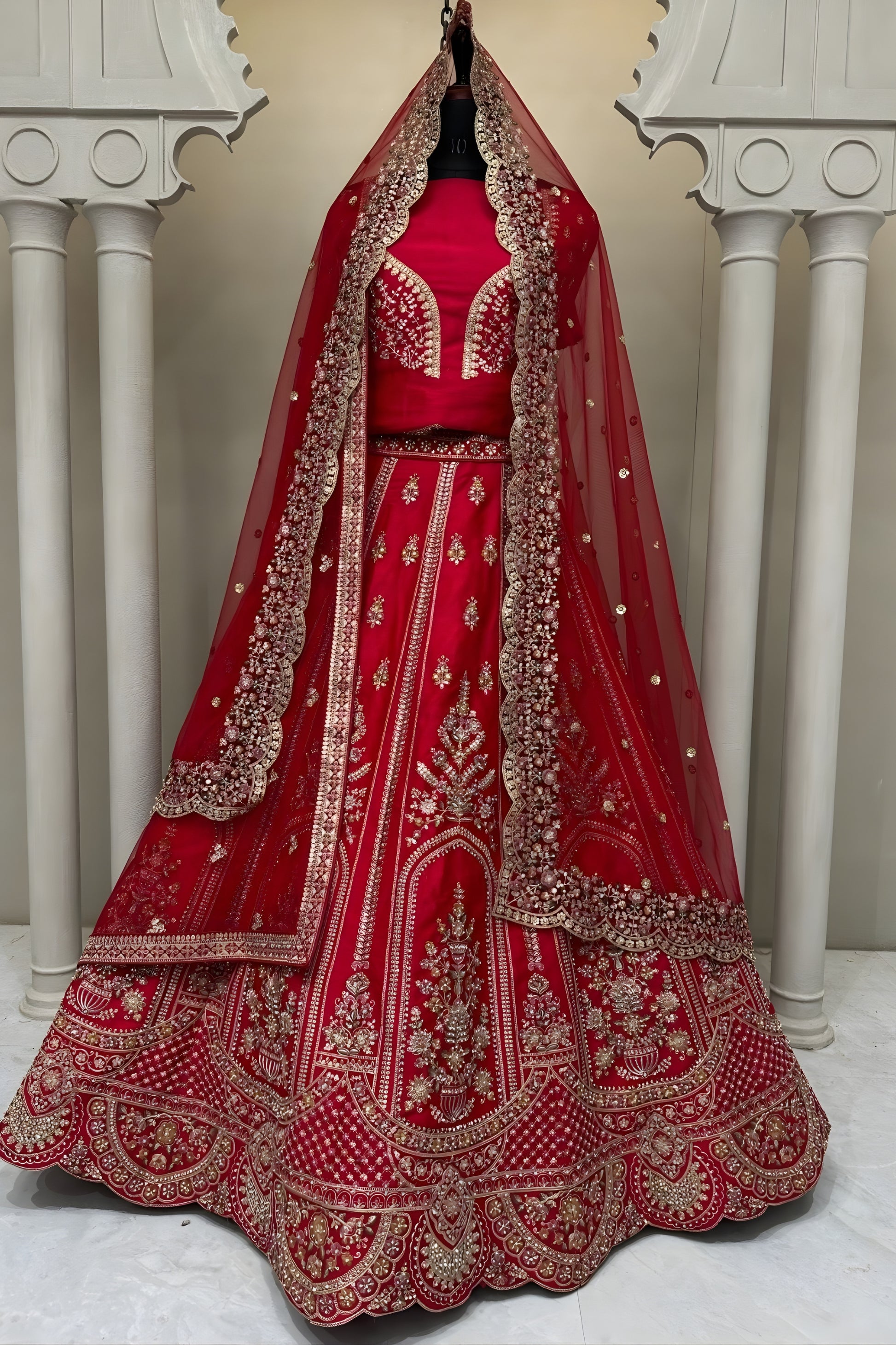 Classic Red Embroidered Silk Bridal Lehenga Choli with Net Dupatta