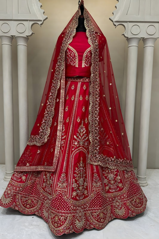 Classic Red Embroidered Silk Bridal Lehenga Choli with Net Dupatta