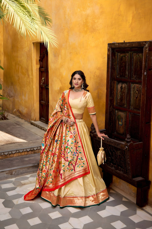 Elegant Beige Paithani Silk Lehenga Choli with Multicolor Floral Dupatta for Wedding