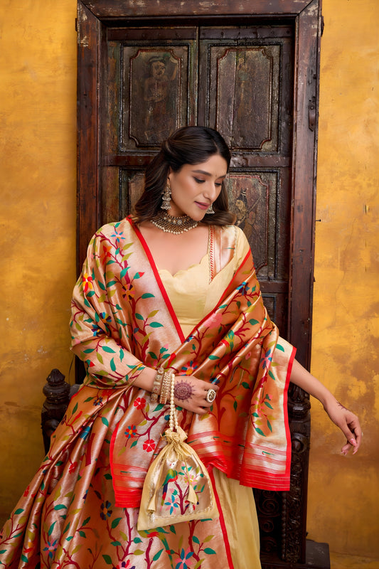 Elegant Beige Paithani Silk Lehenga Choli with Multicolor Floral Dupatta for Wedding